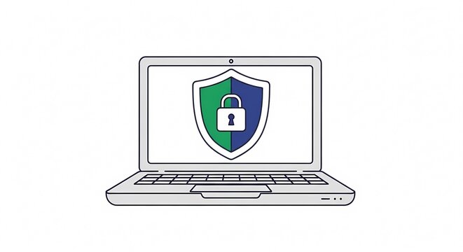 Laptop computer displaying a digital shield with a padlock icon symbolizing cybersecurity and data protection.