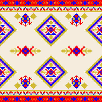 Seamless Ukrainian folk ornament pattern with diamond and floral motif