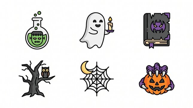 A charming concept set of Halloween vector icons, featuring spooky ghosts, eerie pumpkins, haunted trees, and mysterious potions for festive designs and holiday celebrations