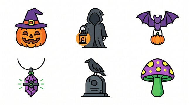 A whimsical collection of mystical and eerie graphic icons, perfect for seasonal celebrations and magical design concepts