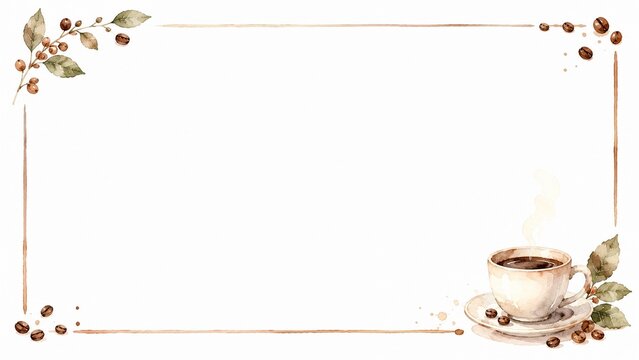 温かいコーヒーとコーヒー豆、枝が水彩で描かれたカフェ風長方形フレーム