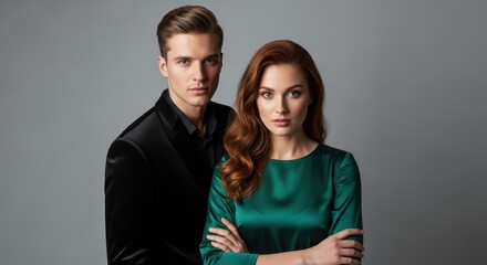 Obraz premium Elegant young couple in formal attire posing against a grey background for a fashion studio portrait.