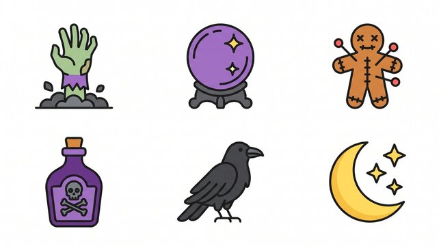 A captivating collection of eerie and mystical vector icons, perfect for Halloween and magical concepts, featuring a zombie hand, crystal ball, voodoo doll, potent potion, raven, and celestial moon