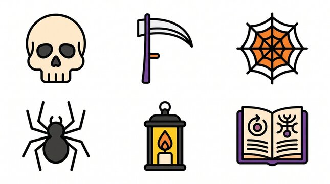 Vibrant collection of Halloween and spooky-themed graphic icons, including skull, spider, scythe, web, lantern, and magic book elements for festive designs