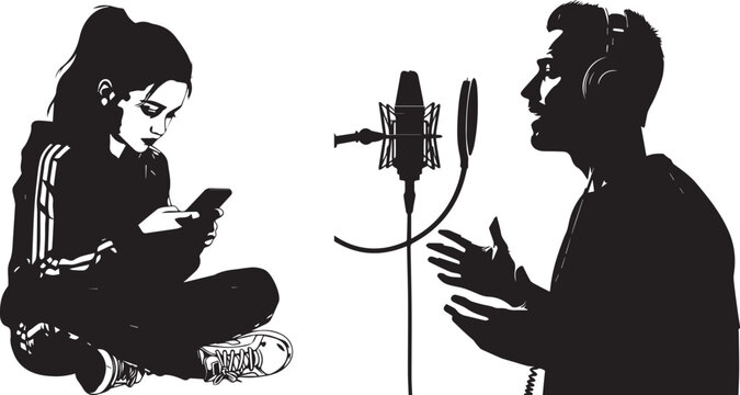 Woman interviewing man with microphone and smartphone