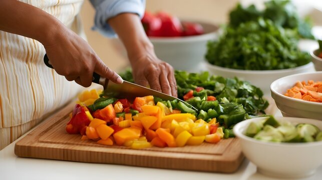A person is slicing colorful bell peppers and green vegetables on a wooden cutting board surrounded by bowls of fresh produce