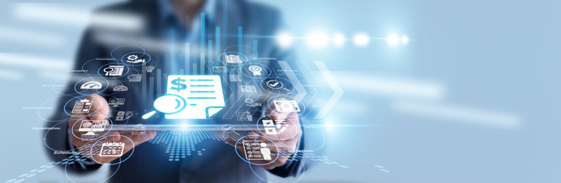 Financial auditor hold tablet and reviews corporate transaction logs during an annual financial Audit, cross-referencing expense reports with bank statements to guarantee absolute transparency.