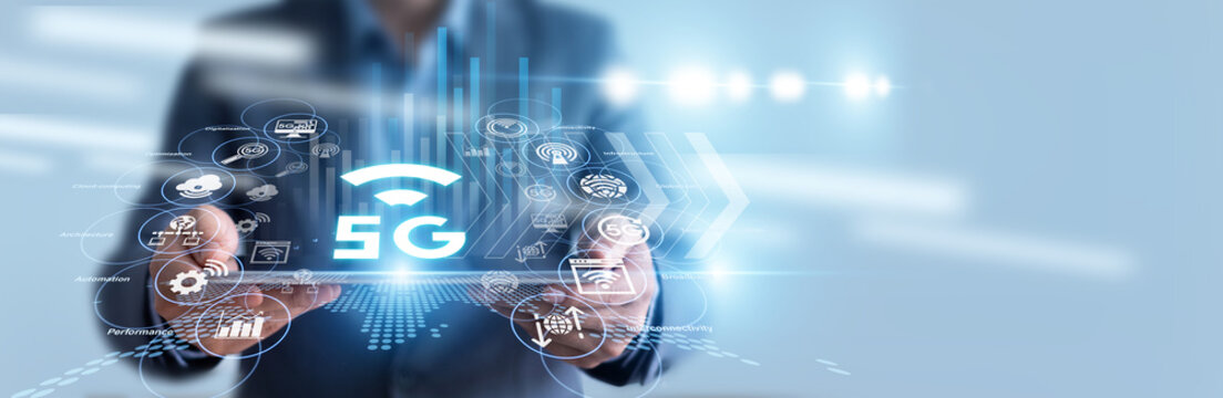 Telecom engineer hold tablet and configures high-speed network nodes for 5G Technology infrastructure, monitoring data transfer rates. Fast connectivity drives modern digital communication.