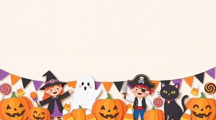 Fototapeta premium Festive Halloween Decorations with Witch, Ghost, Pirate, Cat, and Jack-o'-lanterns