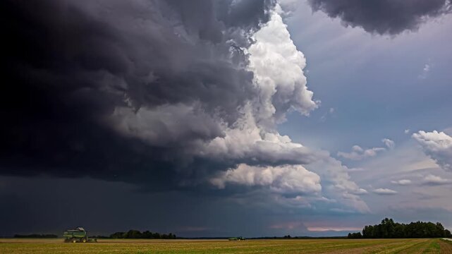 Dramatic time lapse footage of dark storm clouds rolling over open agricultural fields in countryside.