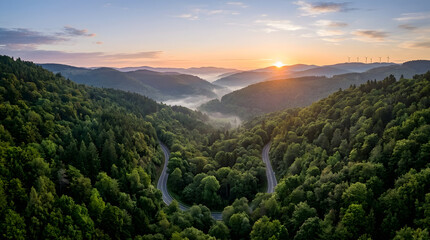 Winding road through a lush green forest valley at sunrise with misty mountains in a serene landscape © MSTTAHEERA