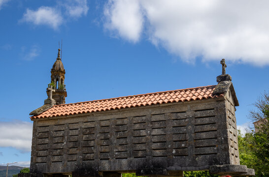 Horreo de Carnota in A Coru&ntilde;a, Galicia, Spain. This massive 18th-century granite stone granary, famous for its architectural length and structure on pillars