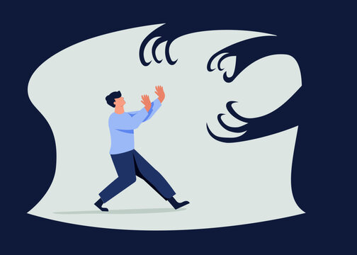 Illustration of frightened man facing imaginary shadows symbolizing fear, anxiety, phobias and emotional distress