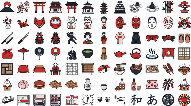 Collection of Traditional Chinese Zodiac Animal Symbols and Cultural Icons Flat Lay Illustration