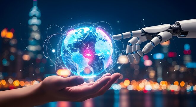 Human hand and artificial intelligence robot hand reaching toward glowing digital globe with network connection lines, global communication and futuristic technology concept with city skyline.