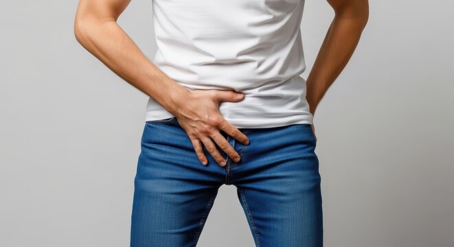Man Holding His Groin Area Expressing Pain and Discomfort from Prostate or Bladder Issues