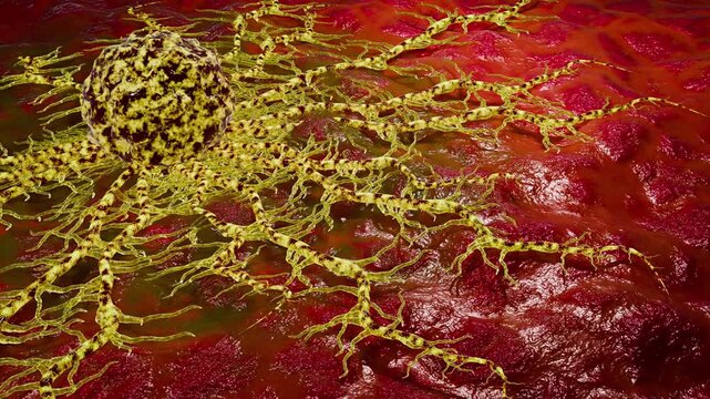 Cancer Microenvironment Showing Neovascularization Around Aggressive Tumor Cell During Angiogenesis and Progressive Tissue Invasion 3D Rendering
