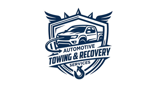 Automotive Towing and Recovery Services Logo with Pickup Truck and Hook