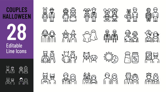 Couples Halloween costume icon set containing vampire, ghost, mummy, Frankenstein, skeleton, zombie, pirate, witch, wizard, devil, angel, king, queen, superhero and more. Editable line icons. Vector.