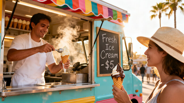 Food Truck Serving Freshly Made Ice Cream Cones on a Hot Summer Day &ndash; Street Food, Frozen Dessert and Outdoor Festival Concept