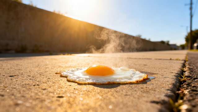 Egg Frying on Hot Sidewalk Under Blazing Summer Sun &ndash; Extreme Heat, Heatwave and High Temperature Weather Concept