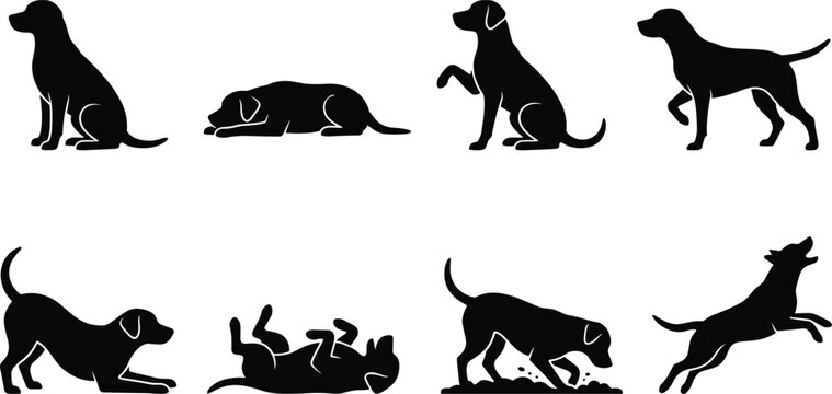 Dog silhouette set with various poses including sitting lying down playing digging running and walking isolated on white