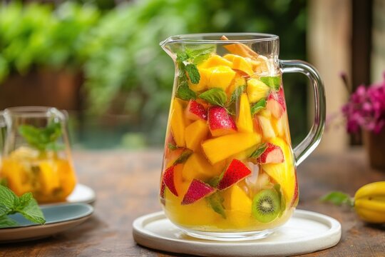 Tropical fruit sangria in glass pitcher with mango strawberry kiwi mint on wooden table, refreshing summer drink with blurred garden background