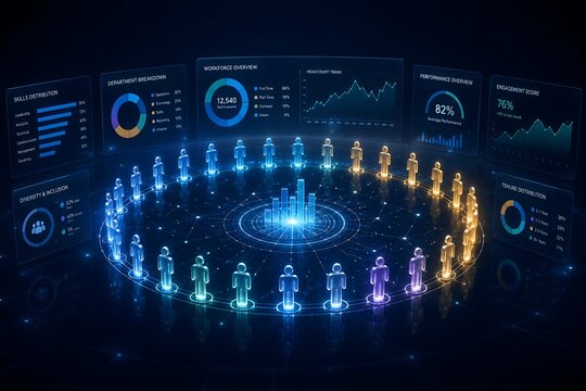 Abstract Digital Representation of Workforce Analytics and Human Resources Data with People Icons and Charts