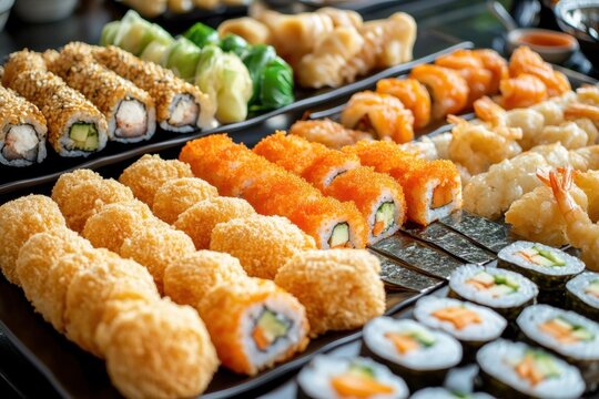 Sushi roll Asian snack food tray rice seaweed seafood crispy fried appetizer cuisine
