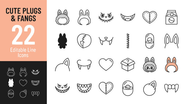 Cute plugs and fangs icon set. Containing bunny ears, vampire teeth, heart, surprise box, capsule, monster mouth, and more accessories. Editable line icons. Kawaii vector illustration for design.