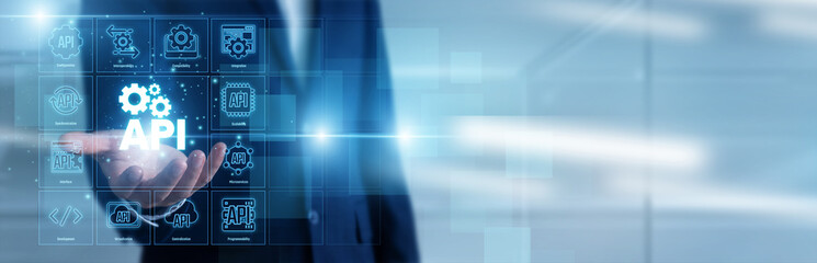 Fototapeta premium Software Developer integrates API. Specialist connecting diverse applications, enabling seamless data exchange and functional communication between complex digital platforms for business growth.