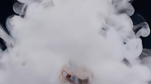 Hand holding a vape device emitting a thick cloud of white smoke. Electronic cigarette with a glowing tank on a blue background. Vaping concept for smoking alternative marketing campaigns.