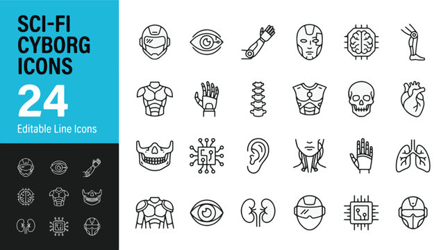 Sci-fi cyborg icon set. Containing futuristic helmet, bionic eye, robotic arm, hand, spine, chest plate, skull, heart, brain chip, leg joint, lungs, kidney and more. Editable line icons. Vector illust