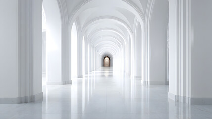Fototapeta premium Elegant Minimalist White Arch Corridor with Soft Lighting for Commercial Backdrop Series