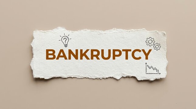 Conceptual representation of financial crisis and business failure featuring the word bankruptcy on torn paper with icons of a lightbulb gears and a downward trending graph symbolizing economic