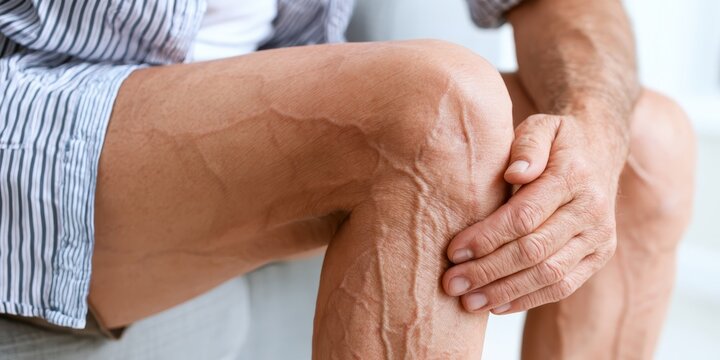 Female patient showing varicose veins on leg during medical phlebologist consultation. Close-up vascular disease symptom, phlebology surgery. Doctor checks health. Human vessel, arteries. Blood system