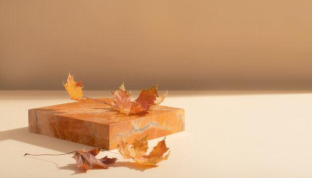 Minimalist Morandi warm orange marble podium with dried maple leaves and soft shadow