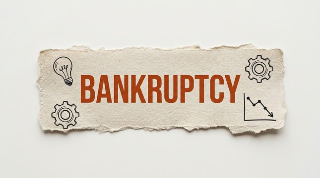 Torn paper with the word bankruptcy in bold red letters accompanied by hand drawn icons of a lightbulb gears and a downward trending graph symbolizing financial crisis