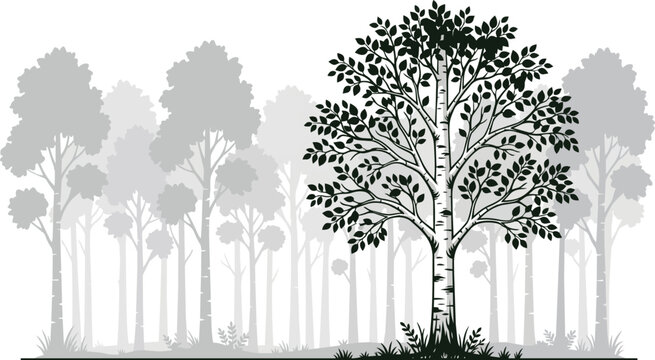 Birch tree vector in a monochrome forest landscape