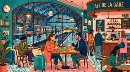Vibrant cafe interior with train station view and diners. © Tika