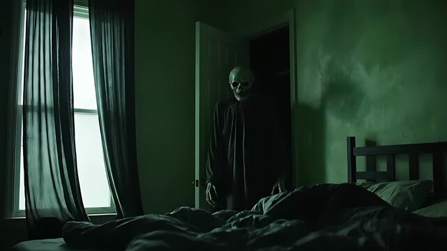 Scary figure in a skeleton mask standing in a bedroom doorway at night. Dark room with green glow features an unmade bed and a silhouette. Horror concept ideal for Halloween and suspense marketing.