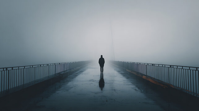 Lone figure standing on a foggy pier fading into the mist symbolizes depression, anxiety and emotional uncertainty. Minimal landscape reflects isolation, resilience, healing and mental health