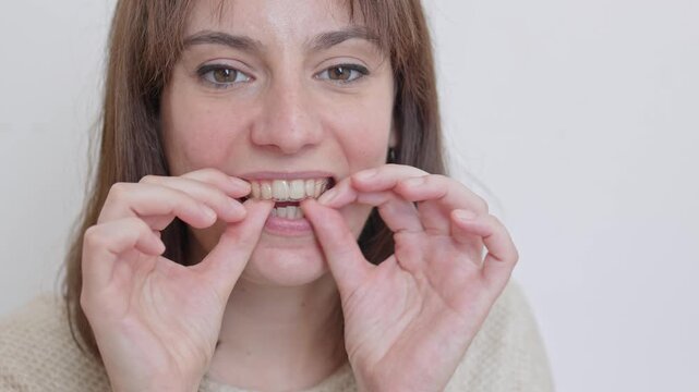 Smiling adult woman isolated on a white background carefully placing a transparent orthodontic aligner on her lower teeth for a dental straightening treatment, showcasing modern invisible braces