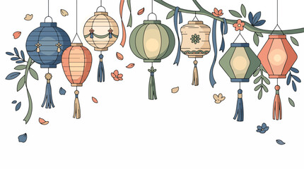Colorful Paper Lanterns with Floral Decorations. © Nurul