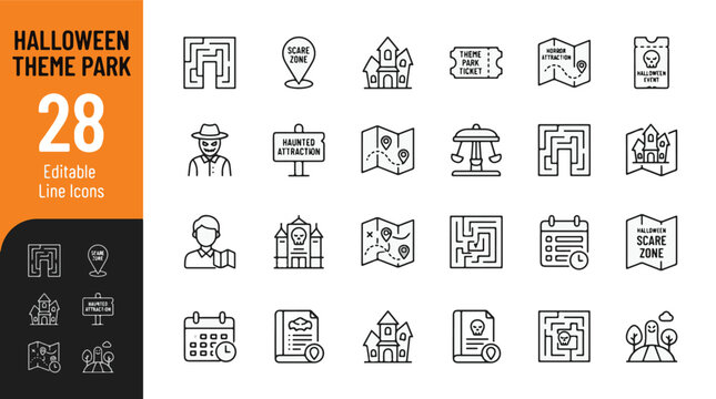 Halloween theme park icon set. Containing haunted house, scare zone, horror attraction, maze, park ticket, carousel, calendar, map, ghost, skull, bat and scarecrow. Editable line icons. Vector.