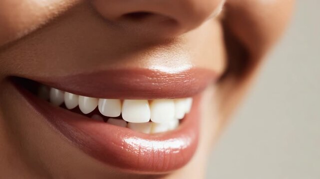 The is a close-up focused on the lips of a woman with smooth skin. The lips are slightly parted and coated with shiny, glossy red lipstick that reflects light.