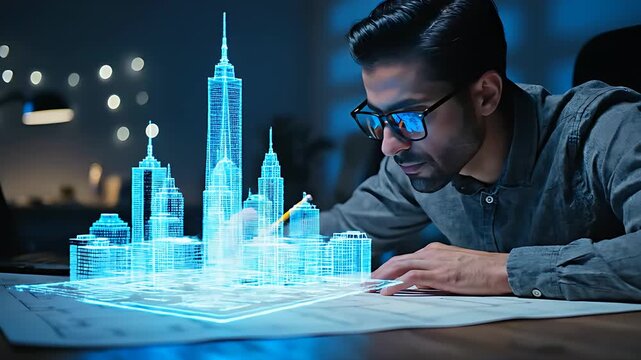 Architect examining a blue 3D holographic city model on a desk. Professional urban planner using augmented reality to design future skyscrapers. Smart city innovation and engineering concept.