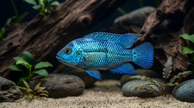 Electric Blue Cichlid swimming in a natural planted freshwater aquarium