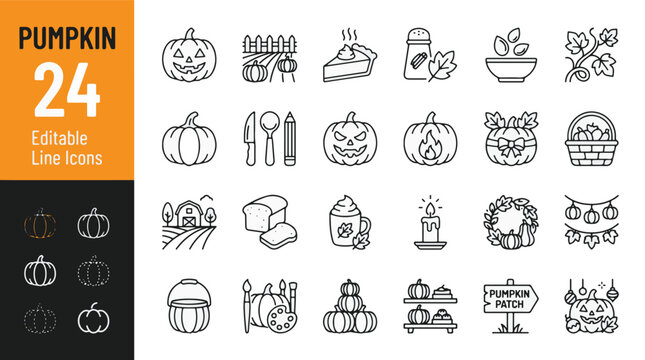 Pumpkin icon set. Containing Jack-o'-lantern, pumpkin patch, pie, spice latte, bread, seeds, autumn leaves, carving tools, harvest, thanksgiving, halloween. Editable line icons. Vector illustration.