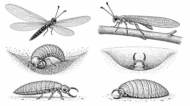 Antlion life cycle stages, ink illustration of larva and adult